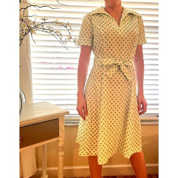 American Vintage 1960s Belted Dress Polka Dot  Large Dagger Collar MED - Picture 1 of 8